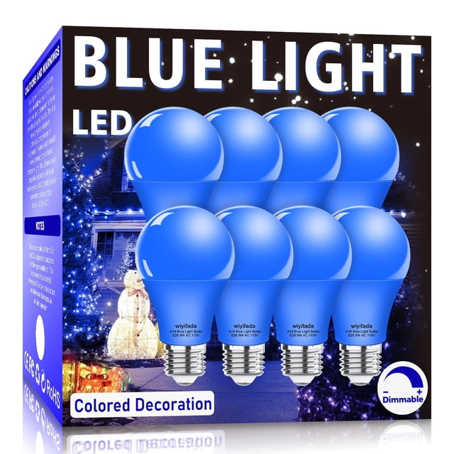 Bombilla LED azul Wiyifada A19, 9 W, 110 V, E26, 8 unidades, regulable