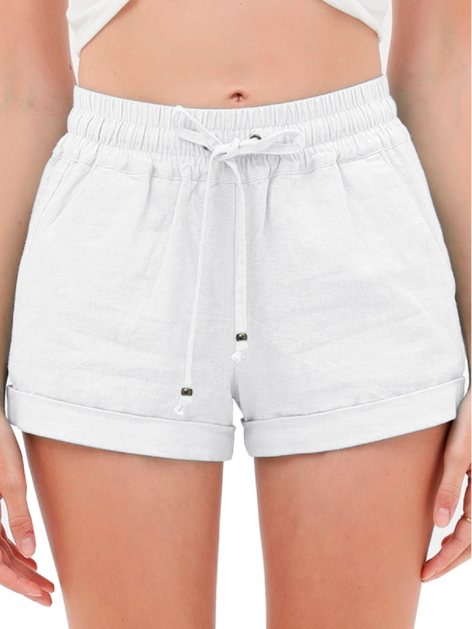 NDGDA Women Short Pants Casual Linen Cotton Elastic Drawstring Shorts Pants Trousers 