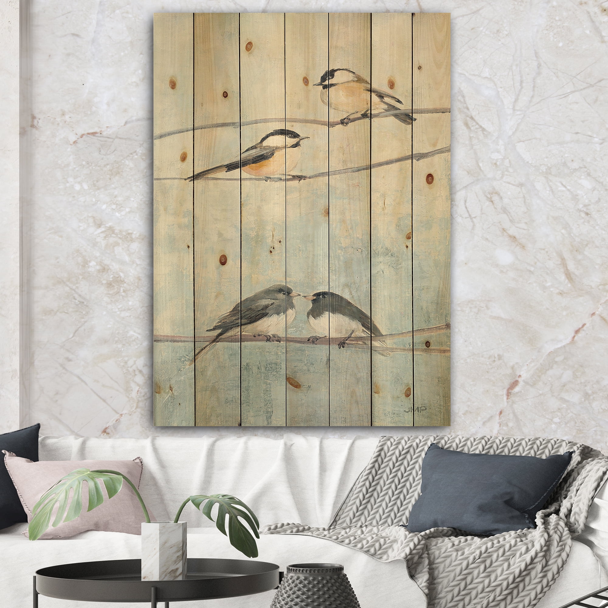 Designart 'Bird Hanging on Tree I' Modern Farmhouse Print on Natural Pine Wood