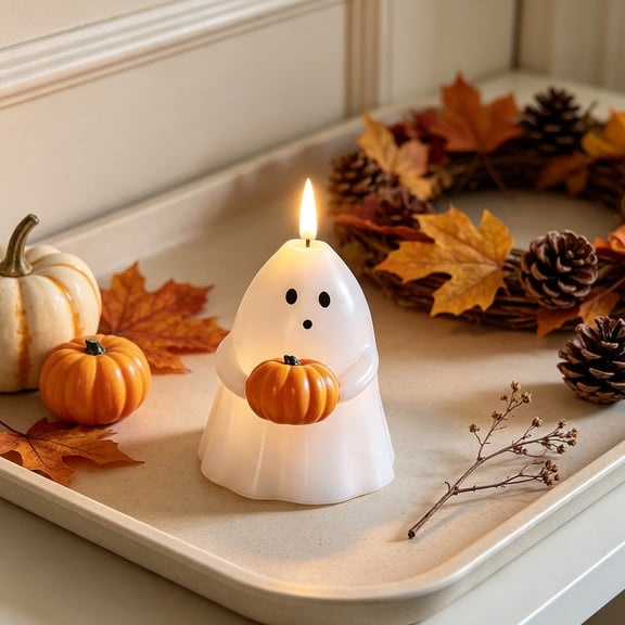 Halloween Ghost Flameless LED Candles with Timer,Waving Ghost and Pumpkin Ghost Battery Operated Wax Look Candles for Party Tabletop Mantel Indoor Decor