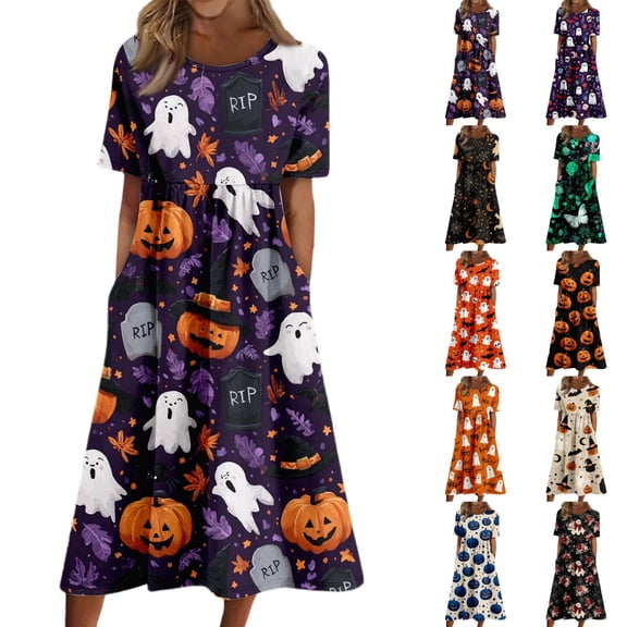 Halloween Womens Summer Dresses Comfy Funny Cartoon Ghost Cocktail Dresses Short Sleeve Renaissance Loose Fit Flowy Midi Halloween Costumes Dresses Light Purple XL