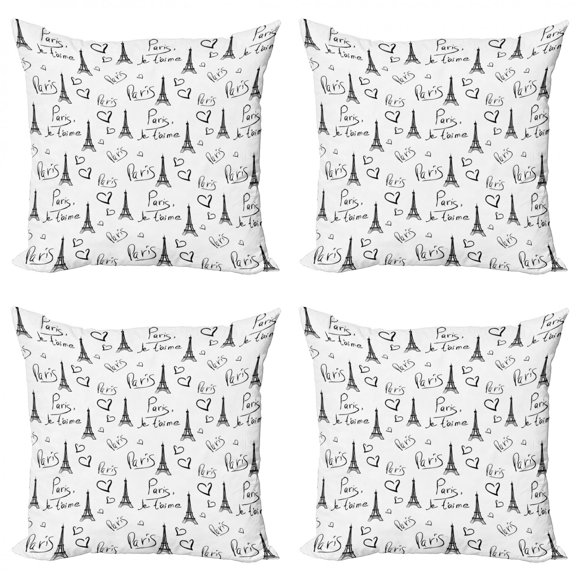 Ambesonne Paris Throw Pillow Cover 4 Pack, Eiffel Je T'aime Doodle, 16", Black White