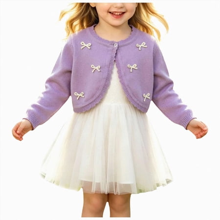 TOWED22 Toddler Girls Cardigan Sweater Bolero Shrug Baby Kids Long Sleeve Cropped Dress Up Button Closure Jacket Tops Purple 5-6 Y