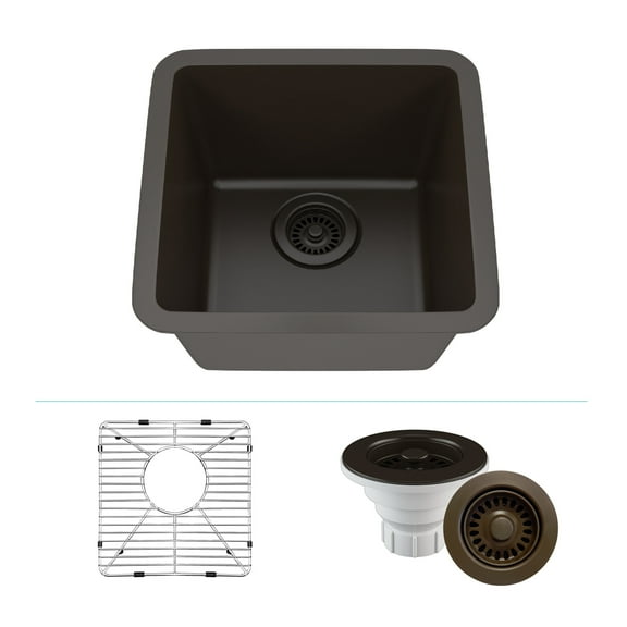 15" x 15" Quartz Kitchen Sink, Single Bowl Sink, Drop-in Sink, Undermount Sink, Granite Kitchen Sink, Galaxy Mocha Kitchen Sink, with Steel Grid and Basket Strainer Lexicon Platinum LP-1515-M