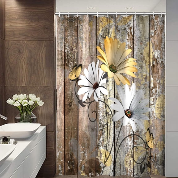 Farmhouse Flower Floral Shower Curtain, Rustic Yellow Daisy Shower Curtain Set, Country Yellow Wild Garden Plant Fabric Shower Curtain with Hooks, Brown Wooden Board Bathroom Curtain, 36x70inch