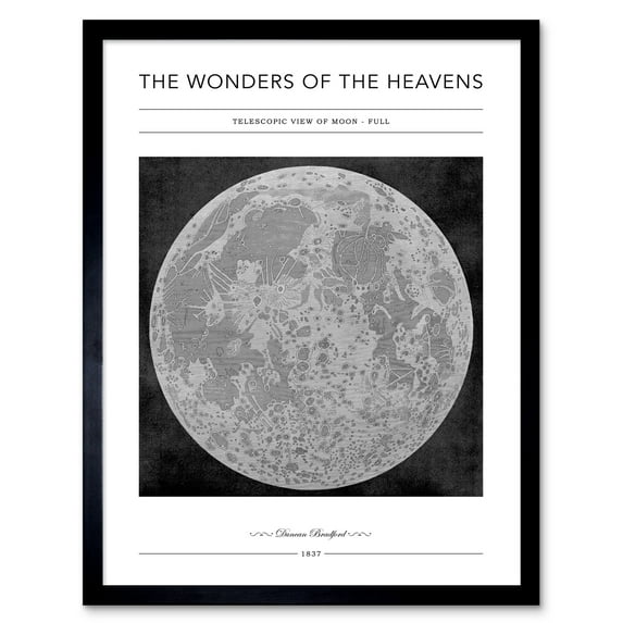 Wonders of the Heavens Duncan Bradford Telescopic View of Moon Full Antique Telescopic Classic Illustration Framed Wall Art Picture Print 12x16 inch