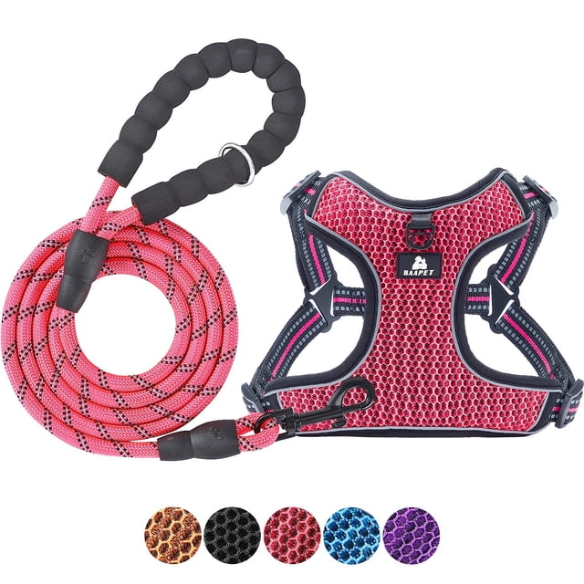 arnés para perros baapet transpirable para cachorros pequeños y perros medianos — vista frontal centrada de chaleco arnés rosa con malla de aire transpirable, costuras dobles reforzadas, costuras reflectantes, hebilla de liberación rápida y doble anillo en D; incluye correa acolchada de 6 pies (1.8 m) con empuñadura de espuma, apto para paseos diarios.