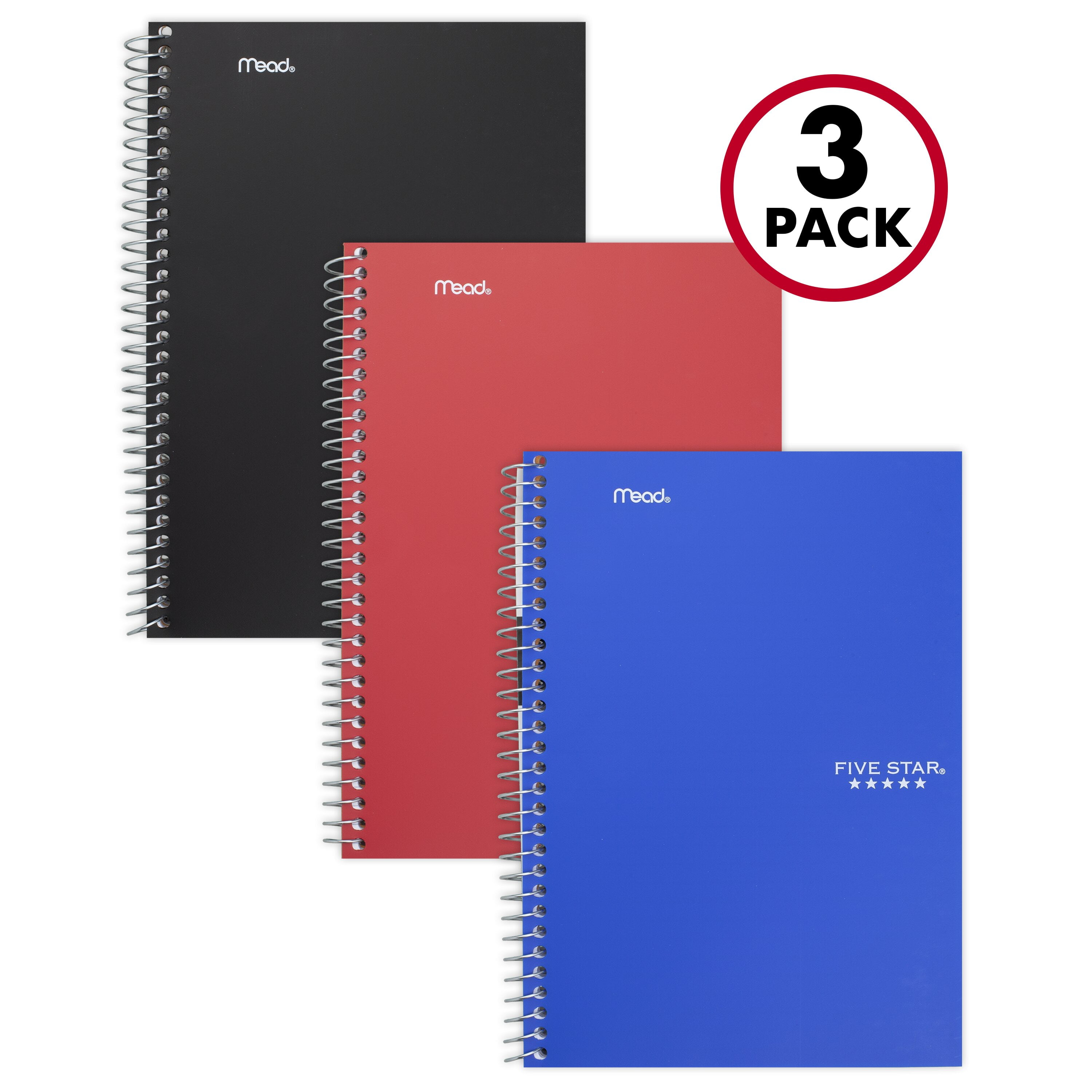 Five Star Wirebound Notebook, 2 Subject, College Ruled, 9 1/2' x 6', Assorted Colors, 3 Pack