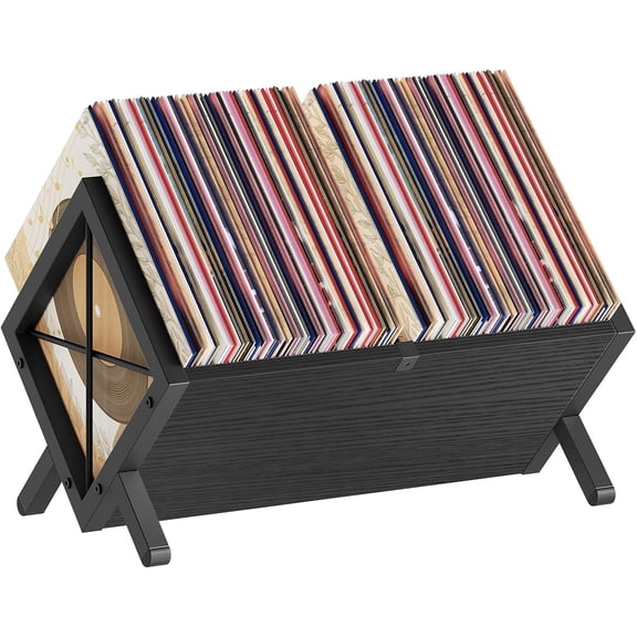 Vinyl Record Holder, Record Storage Rack Holds 80-100 LP，Wooden and Metal Record Organizer, Quick Assembly Magazine Holder Vinyl Record Display Stand for CDs, Magazine, Albums, Black CJ06BB
