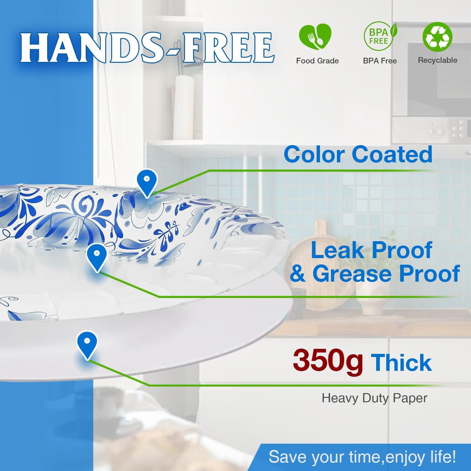 Paper Plates Bulk 8.5 Inch, 150pcs Disposable Plates, Blue Paper Plates for Parties and Daily Use, Soak Proof, Cut Proof, Flower Printed