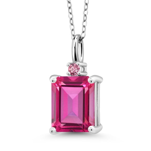 Gem Stone King 925 Silver Pure Pink Mystic Topaz and Pink Lab Grown Diamond Pendant Necklace for Women (4.04 Cttw, Gemstone Birthstone, Emerald Cut 10X8MM with 18 inch Silver Chain)