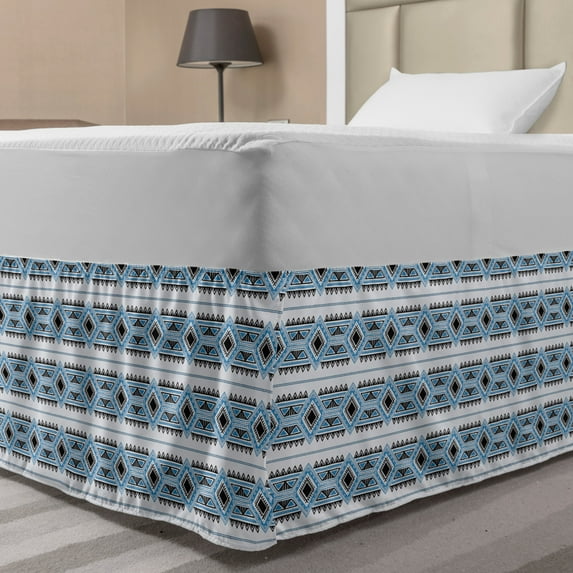 Tribal Bed Skirt, Illustration of Primitive Design Geometric Shapes Ethnic Vibes, Elastic Bedskirt Dust Ruffle Wrap Around for Bedding Decor, 4 Sizes, Sea Blue Charcoal Grey, by Ambesonne