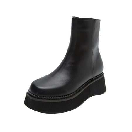 

jsaierl Women Boots Round Toe Shoes Zip High Gang Shoes Winter Mid Heel Thick Bottom Solid Warm