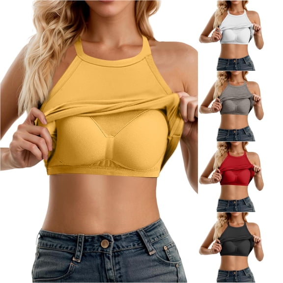 Tanghaowl Tank Tops for Women, Women's Adjustable Spaghetti Strap Shelf Bra Camisole Basic Layer Tank Tops Built-in Double Lined Racerback Workout Shapewear Yellow One Size