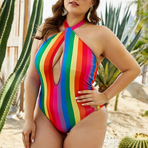 WREESH Women One Piece Swimsuit Rainbow Stripe Print Halter Bikini