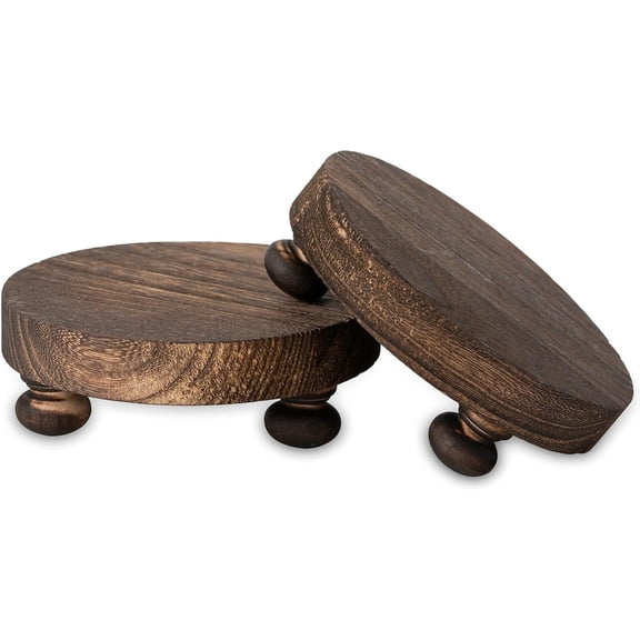 Farmhouse Wood Riser for Display- 2 pcs Rustic Decor Mini Wooden Pedestal Decorative Round Tray for Home Table Bathroom Counter Shelf Kitchen, Brown