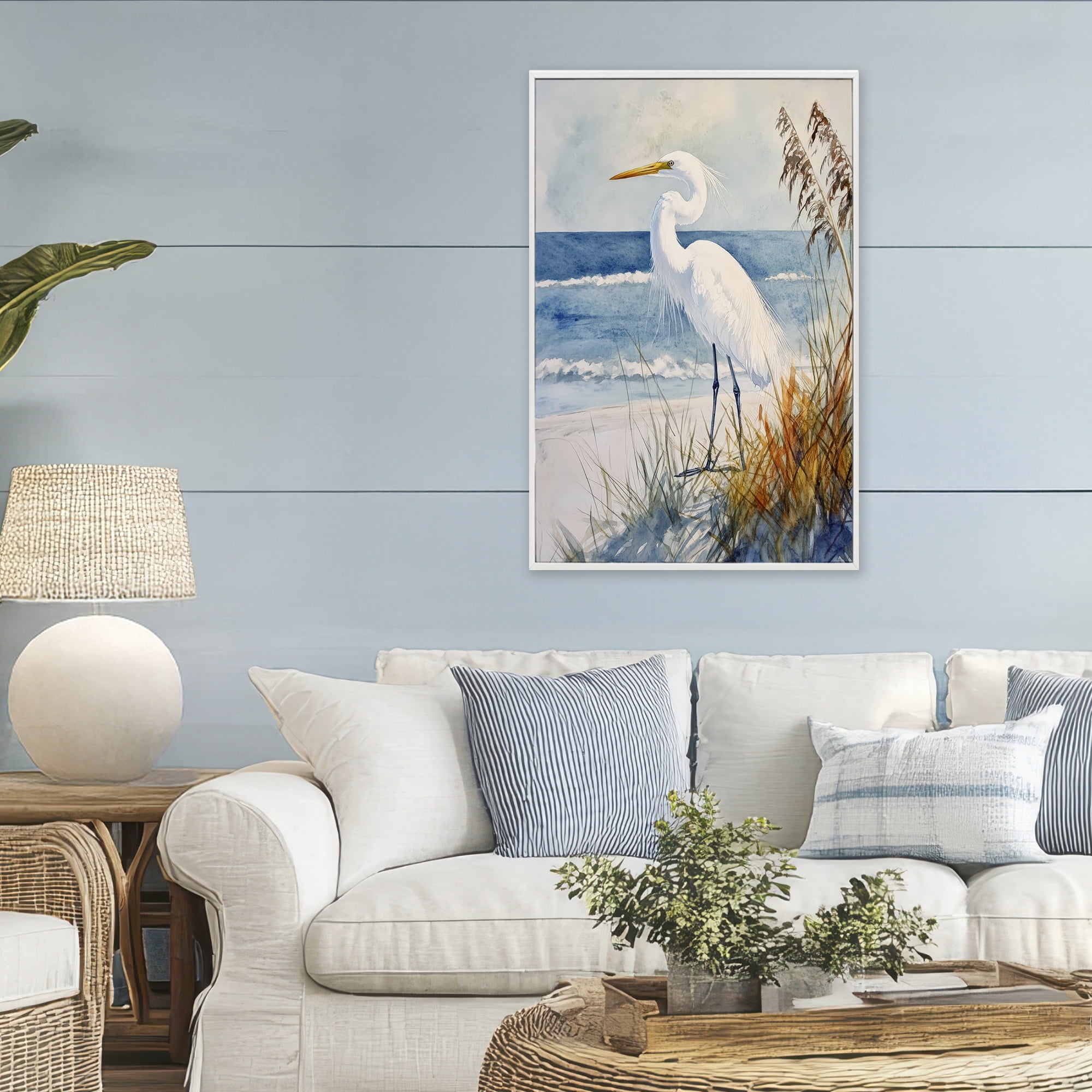 Stupell Industries Egret By The Waves White Framed Giclee Art, design by Petal Prints Design