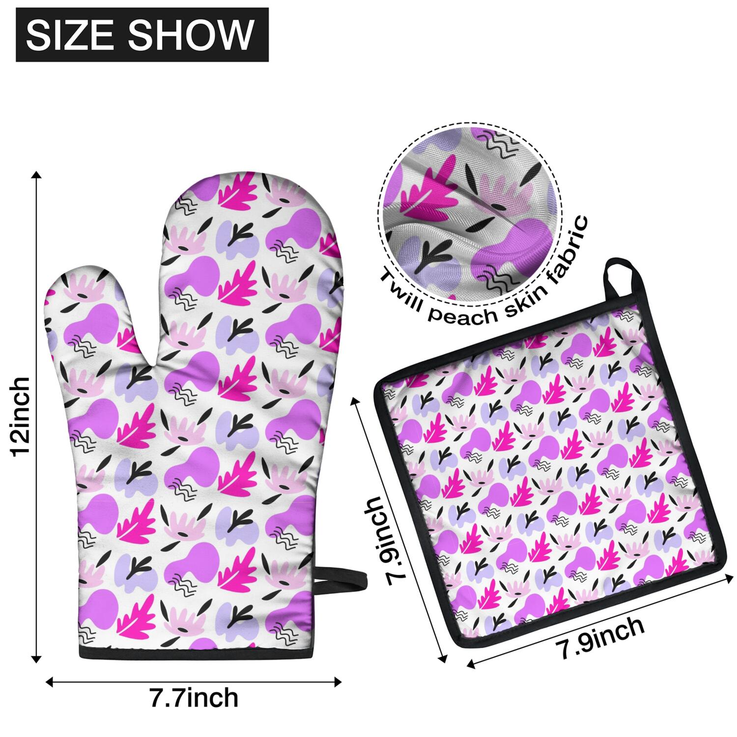 Floral Pattern Oven Mitts and Pot Holders Set Of 4, Heat Resistant Kitchen Gloves with Non-Slip Grip, Hanging Loop, Soft Cotton Lining for Baking, Cooking, Grilling, Barbecue