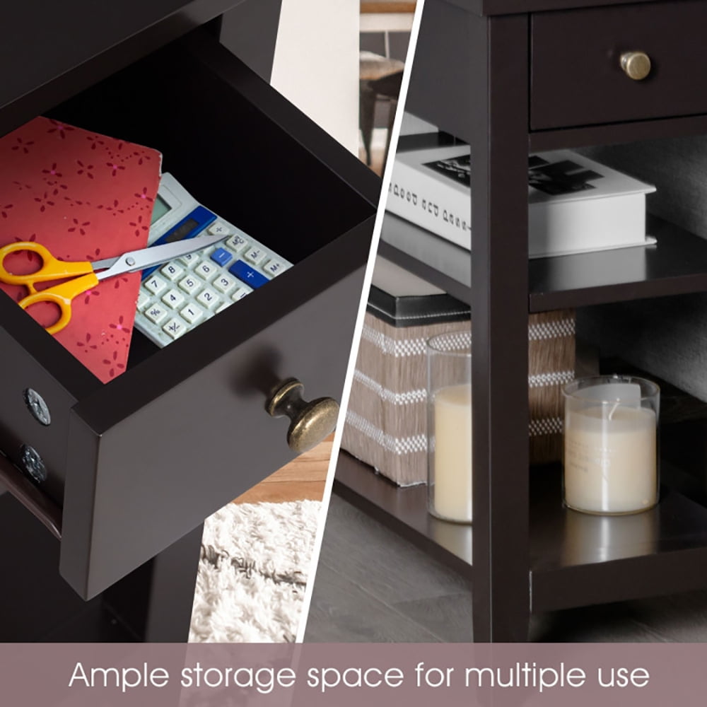 Finihen End Side Table, Rectangular Nightstand, 3-Tier End Table with Drawer slideway and Double Shelves, for Living Room, Bedroom, Brown Finihen End Side Table, Rectangular Nightstand, 3-Tier End Table with Drawer slideway and Double Shelves, for Living Room, Bedroom, Brown