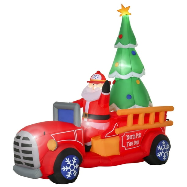 HOMCOM 7.5ft Christmas Santa Inflatable Fire Truck Decoration with LED