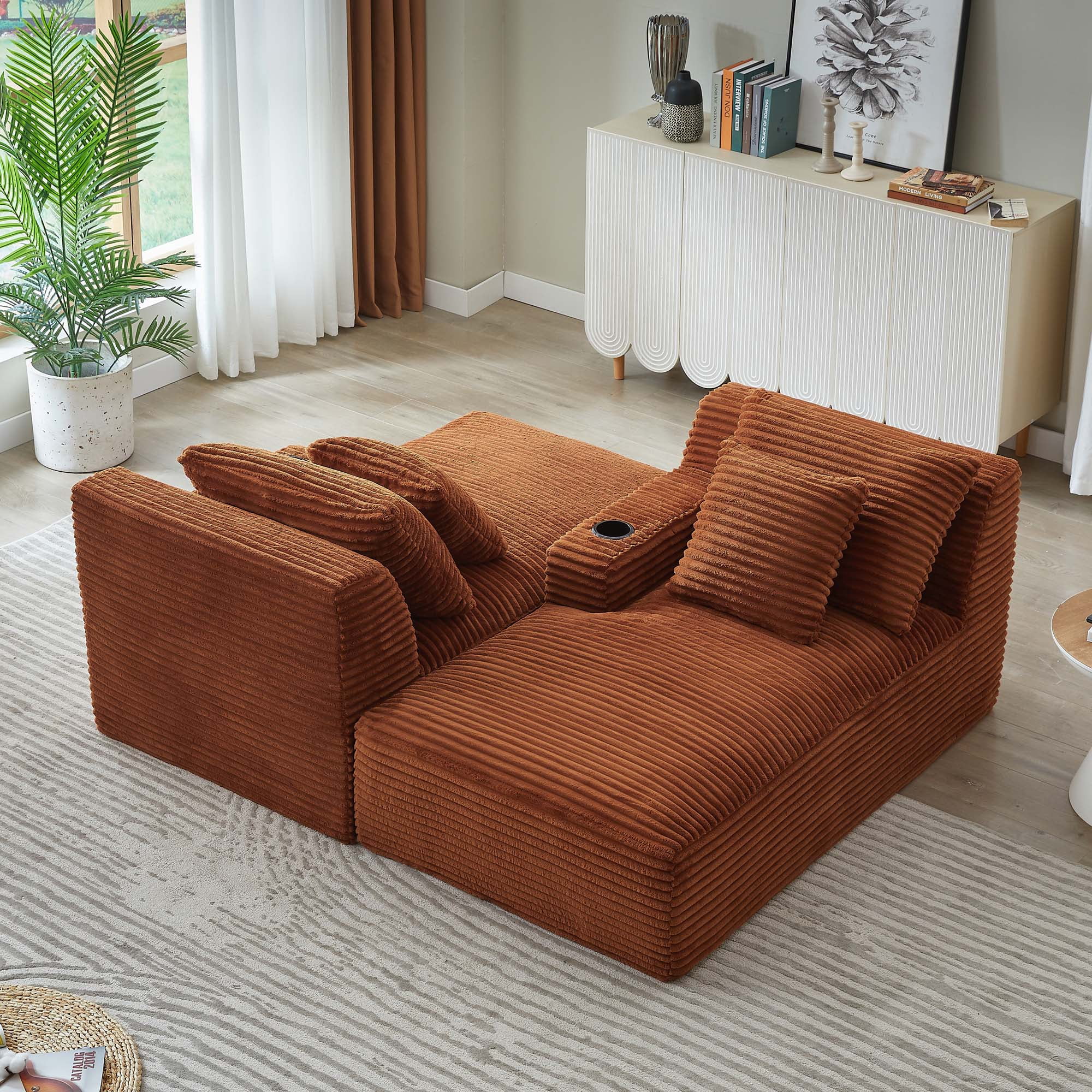 Miniyam Orange Compressible Double Chaise Lounge with Cupholders, Fluffy Modern Sleeper Loveseat for Living Room Bedroom