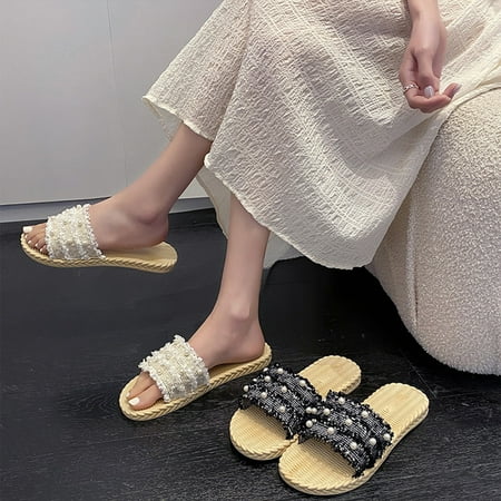 

Jacenvly 2024 New Faux Straw Travel Linen Slippers Summer Outer Beach Flat Heel Cool Slippers Black Sandals for Women Clearance