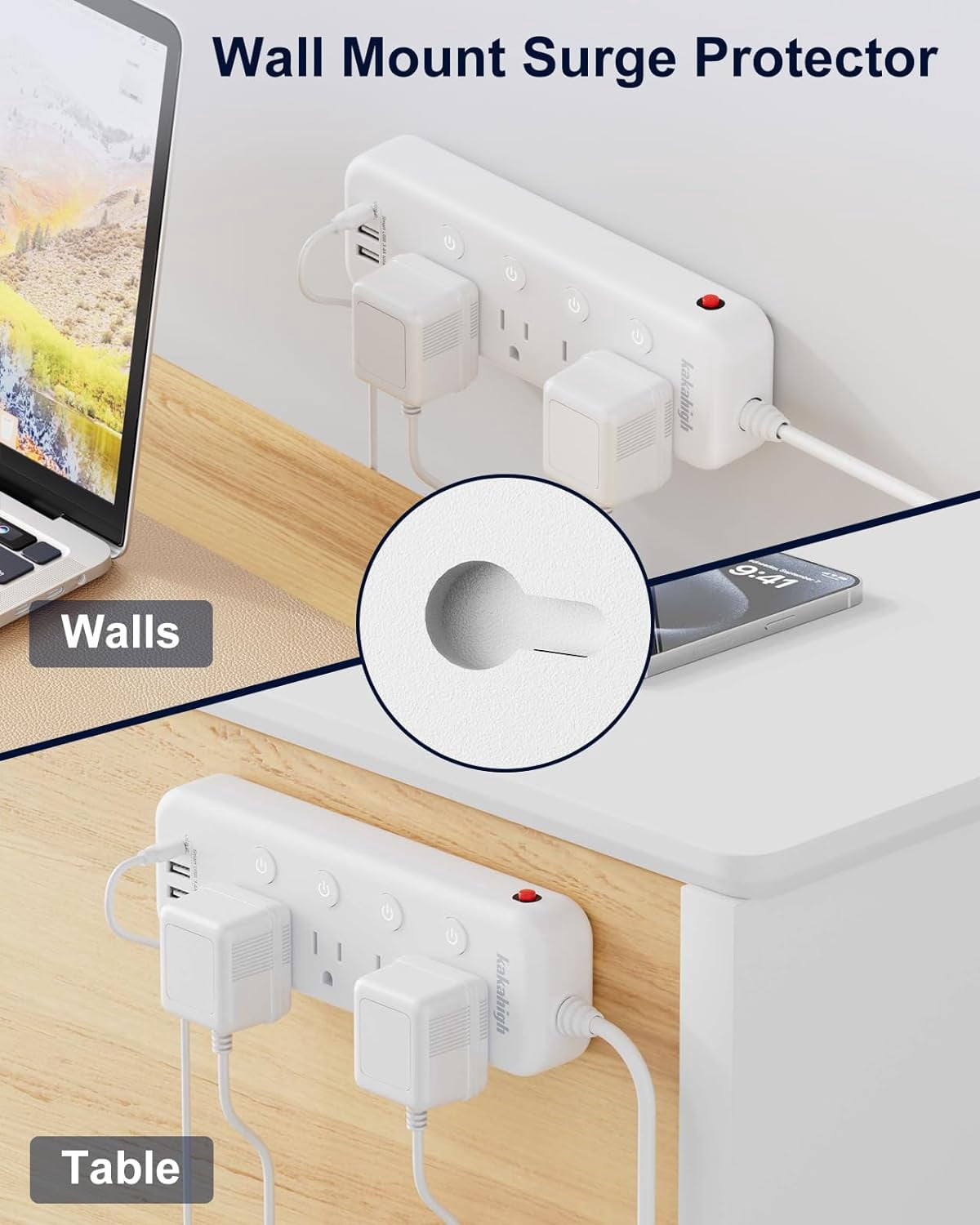 Appliance Extension Cord with Individual Switches on Off - 5 FT, 1875W Heavy Duty Extension Cord with USB Ports, 8 outlets, Circuit Breaker for Microwave, Aquarium, Kitchen, Garage, ETL Listed