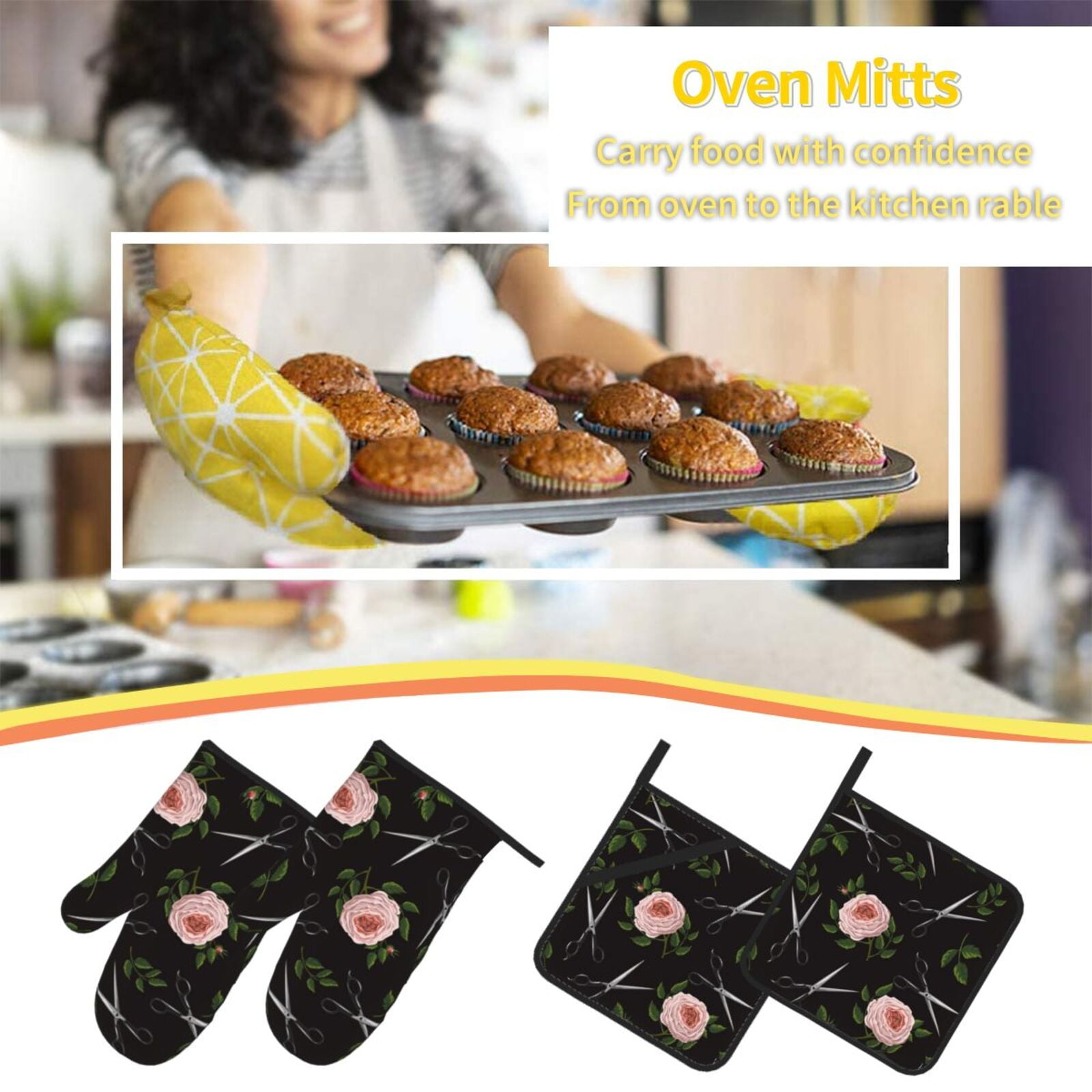 Roses Scissors Salon 4Pcs Oven Mitts and Pot Holders Sets Oven Kitchen Gloves Hot Pads for Cooking BBQ Baking Grilling
