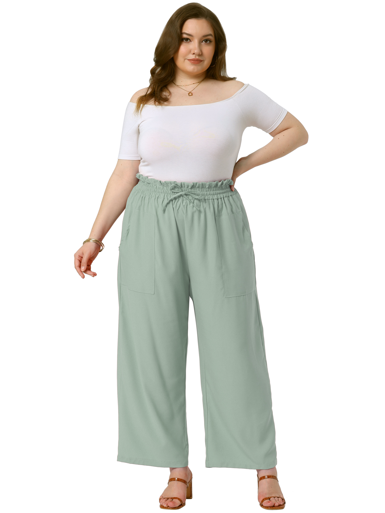 DARING DIVA Women's Plus Casual High Waisted Lounge Pants with Pockets 4X Light Green