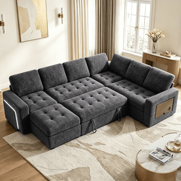102" L-Shaped Sectional Sleeper Sofa Bed,Grey Chenille Pull Out Bed 7 Seat with Reclining Backrest,USB Ports,LED Light,Side Table,Ottoman