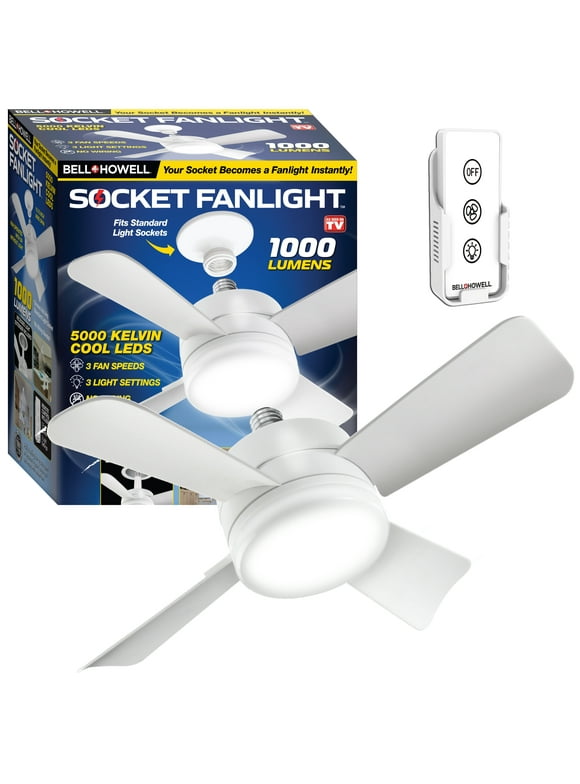 Bell and Howell Socket Fan Ceiling Fan with Light 15 inches Fan 1000 Lumens Speed Light Includes Remote Control, 4 Blade Ceiling Fan that Screws in your Light Socket