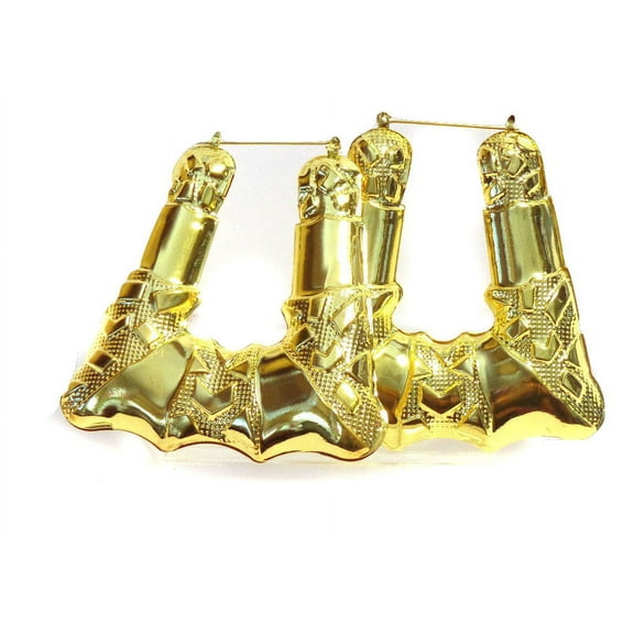 Large Bamboo Puff Square Gold Tone Hoop Earrings 3 inch