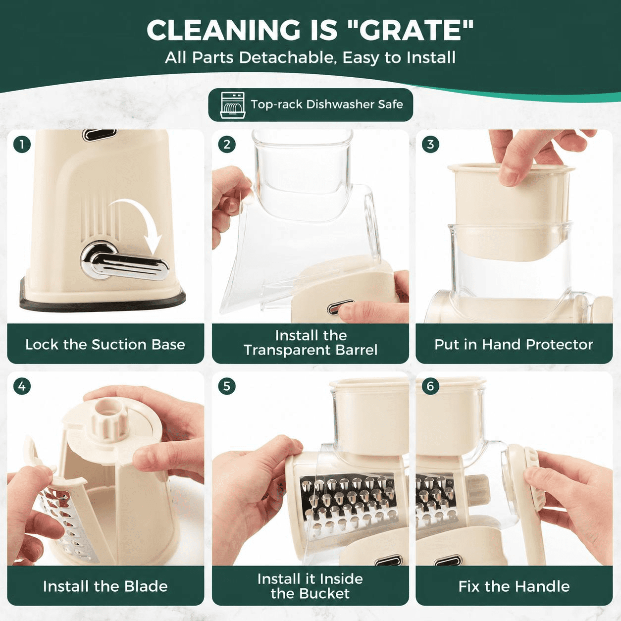 Rotary Cheese Grater & Vegetable Slicer, 5 Stainless Steel Blades, Powerful Suction Base, Quick Shredding for Cheese, Potato, Carrot, Cucumber & Easy Meal Prep