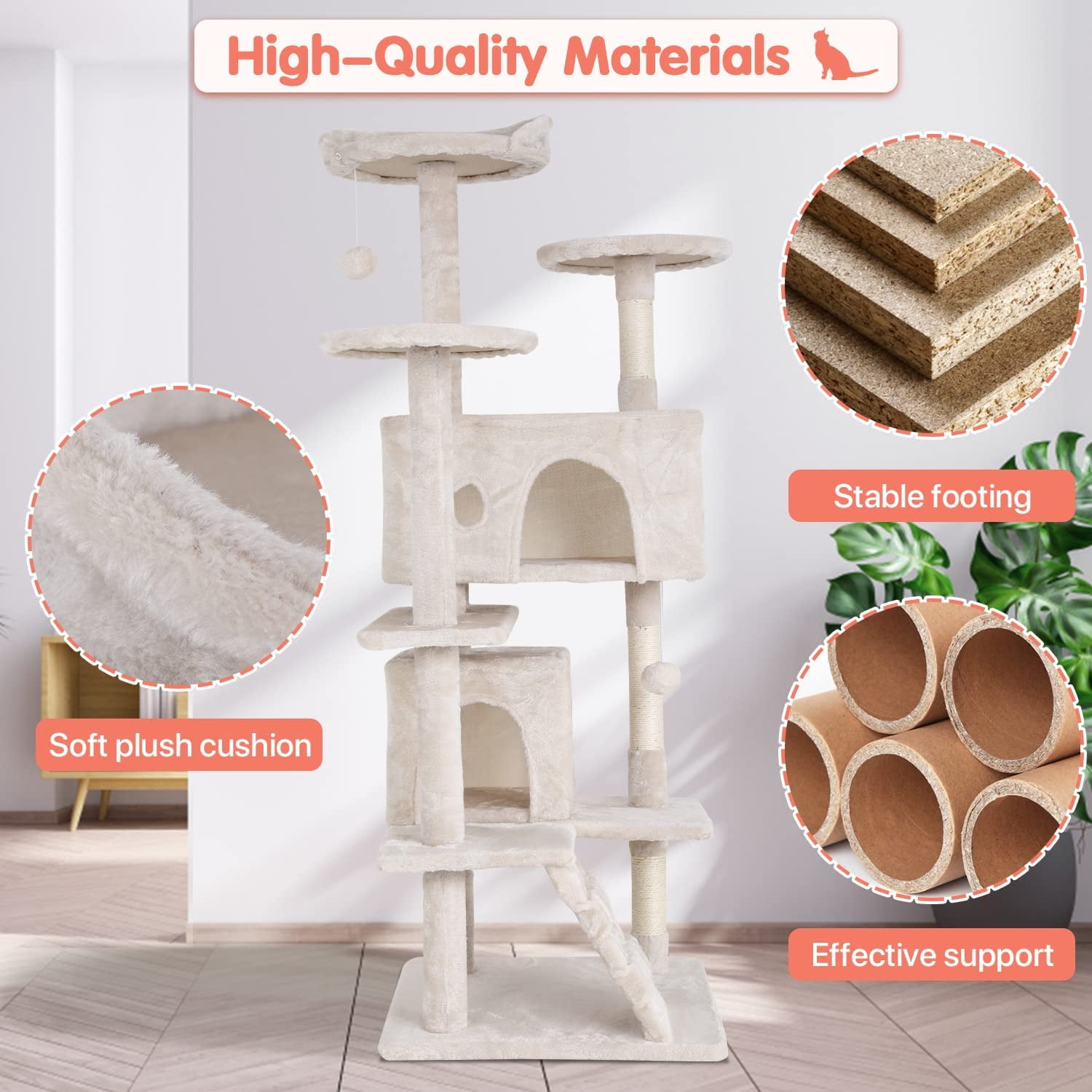 NiamVelo 54-in Double Condo Cat Tree Tower Playhouse with Scratching Post & Perch for Indoor, Beige