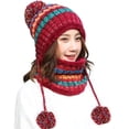 thumbnail image 1 of Gorro de invierno para mujer, conjunto de bufanda circular peruana, orejeras de esquí, pompones con forro polar de doble capa, 1 of 7