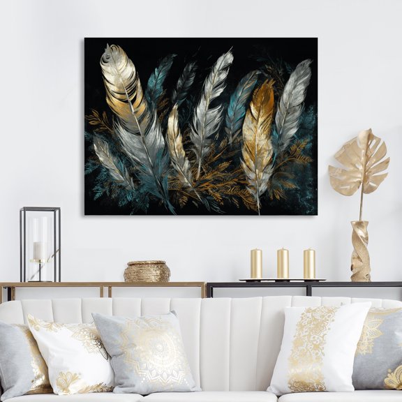 DESIGN ART Designart "Gold Feather Glamour Iv" Glam Feather Canvas Print 20 in. wide x 12 in. high