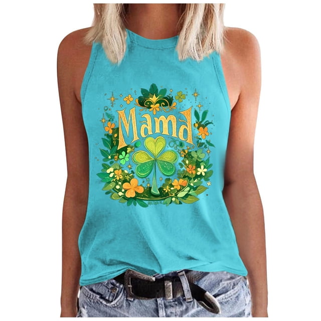 Débardeur pour Femmes, Chandails d'Été Tendance, Coupe Ample, Mode, Col Rond, Sans Manches, Imprimé, Décontracté, Basique, T-Shirts Graphiques, Y2K, Vacances, Camisole Débardeur, Bleu Pâle, TG