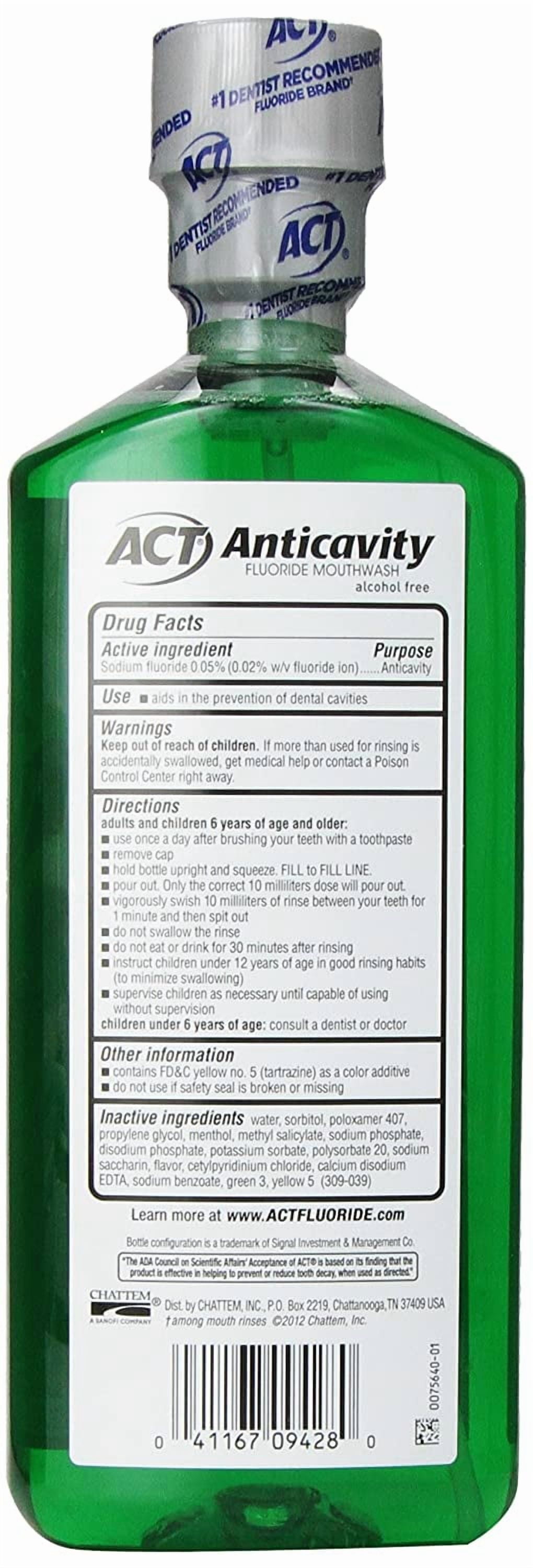 "ACT Anticavity Fluoride Mouthwash, Mint, Alcohol Free, 18-Ounce Bottle (Pack of 3)"
