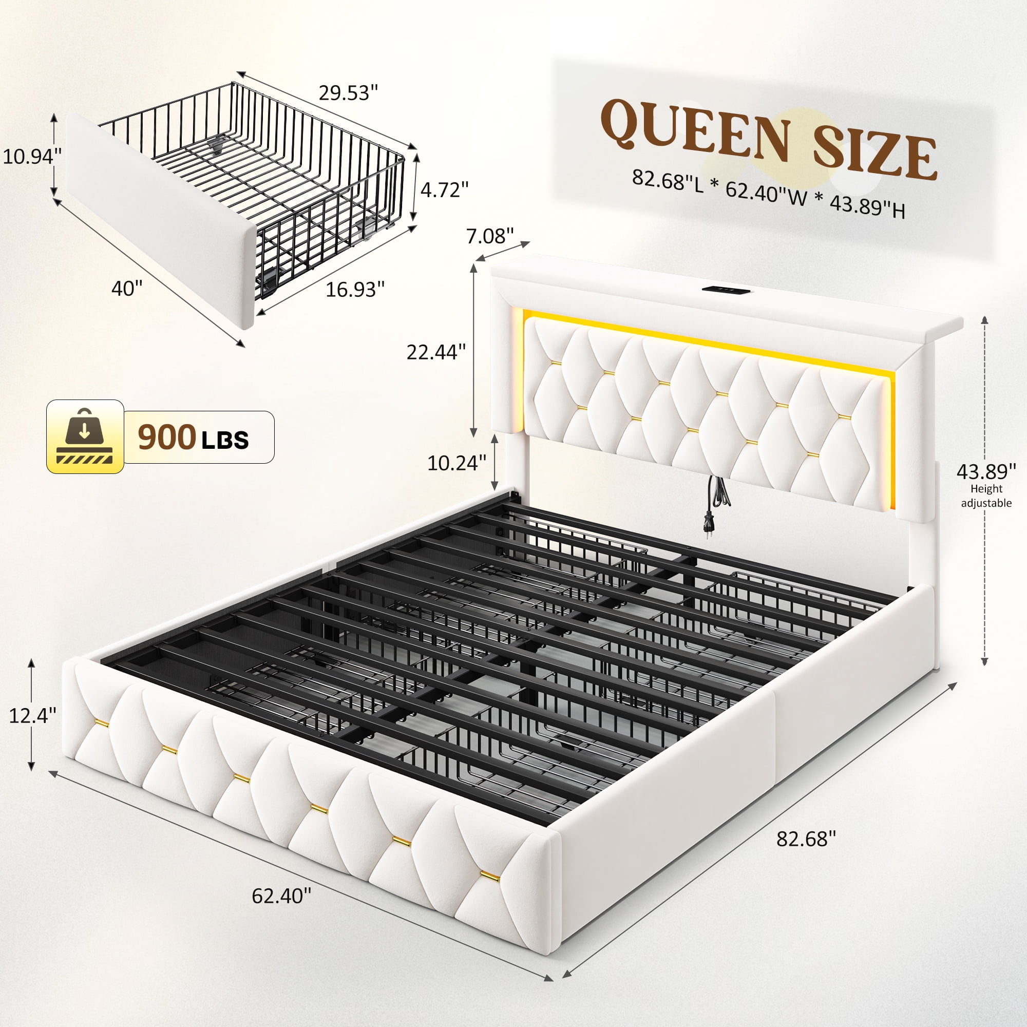 EnHomee Queen Size Bed Frame with 4 Storage Drawers Upholstered Bed with LED & Charge Station,Beige