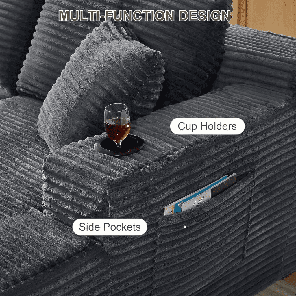 Howcool 133" U-Shaped Modular Cloud Couch Sectional Sofa, Oversized Deep Seat Corduroy Couch with Chaise, Boneless Memory Foam Sofa with Cup Holders & Side Pockets, No Assembly Required, Grey