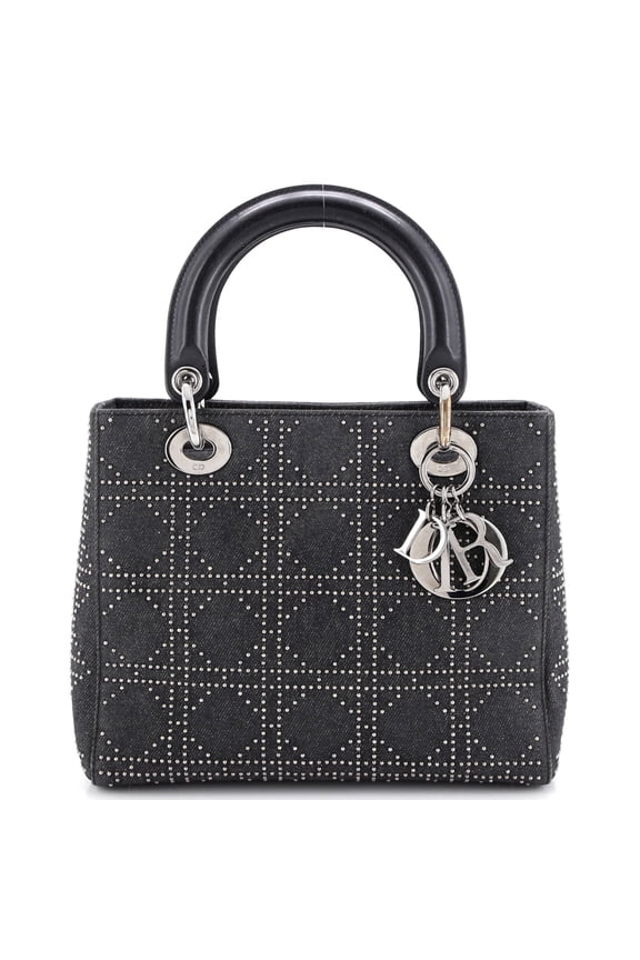 Pre-Owned Vintage Lady Dior Bag Cannage Studded Denim Medium By Rebag