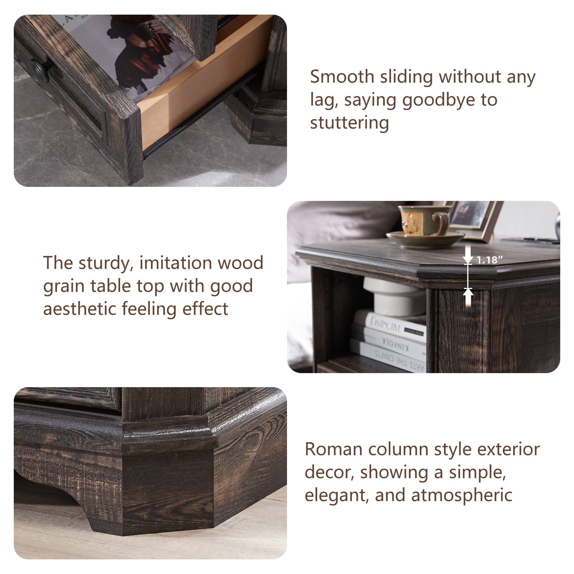 OKD Farmhouse Nightstand with Charging Station, End Table with 2 Drawers for Living Room, Side Table, Dark Rustic Oak