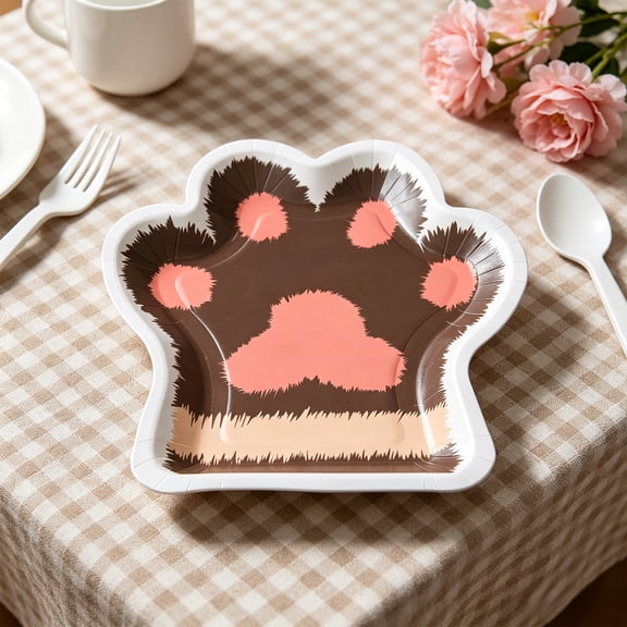 WWV Cat's Paw Party Plates Disposable Paper Plates Paw Shape Cute Birthday Party Supplies for Kids Cake Dessert Food 10 Pack Brown