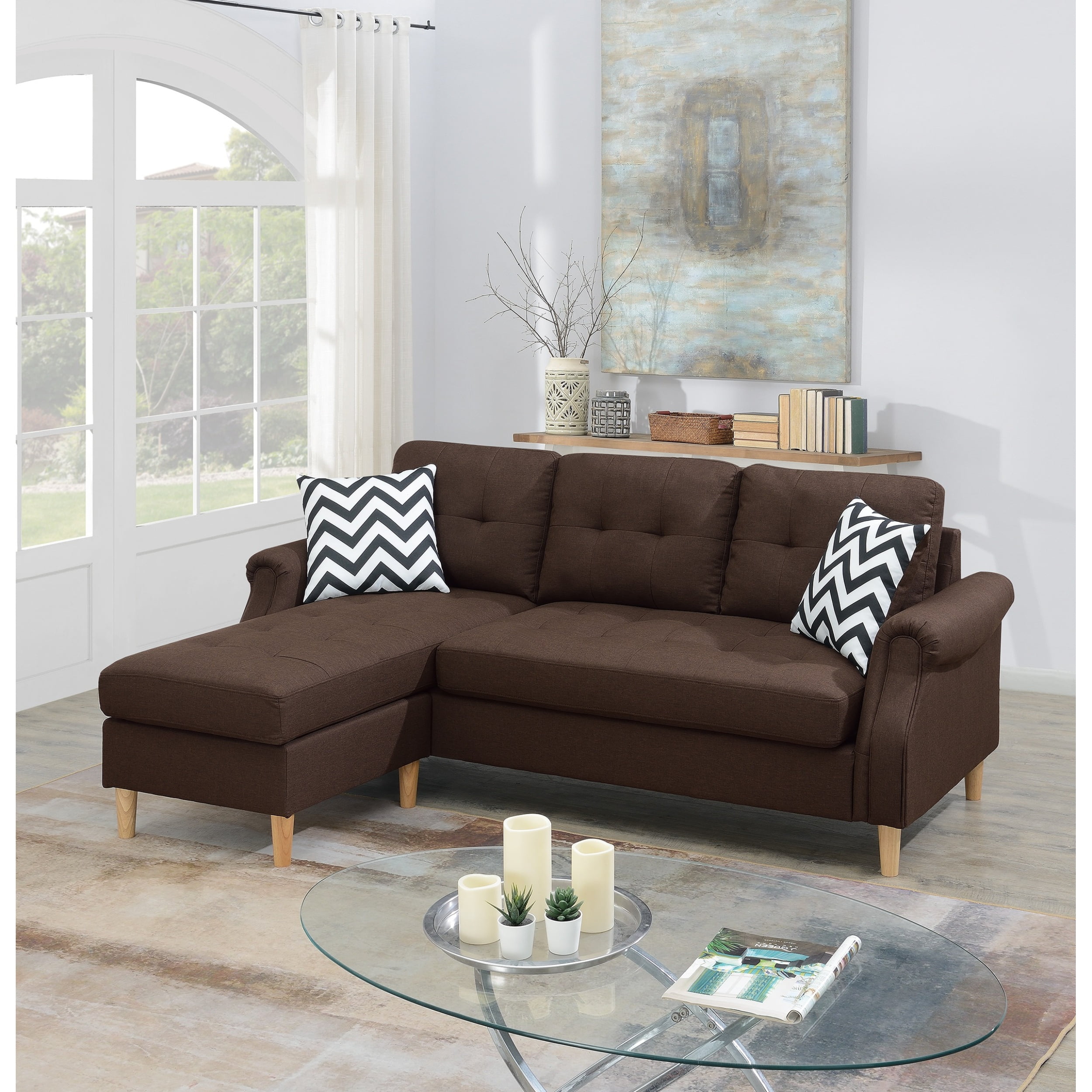 Living Room Corner Sectional Dark Coffee Polyfiber Chaise sofa
