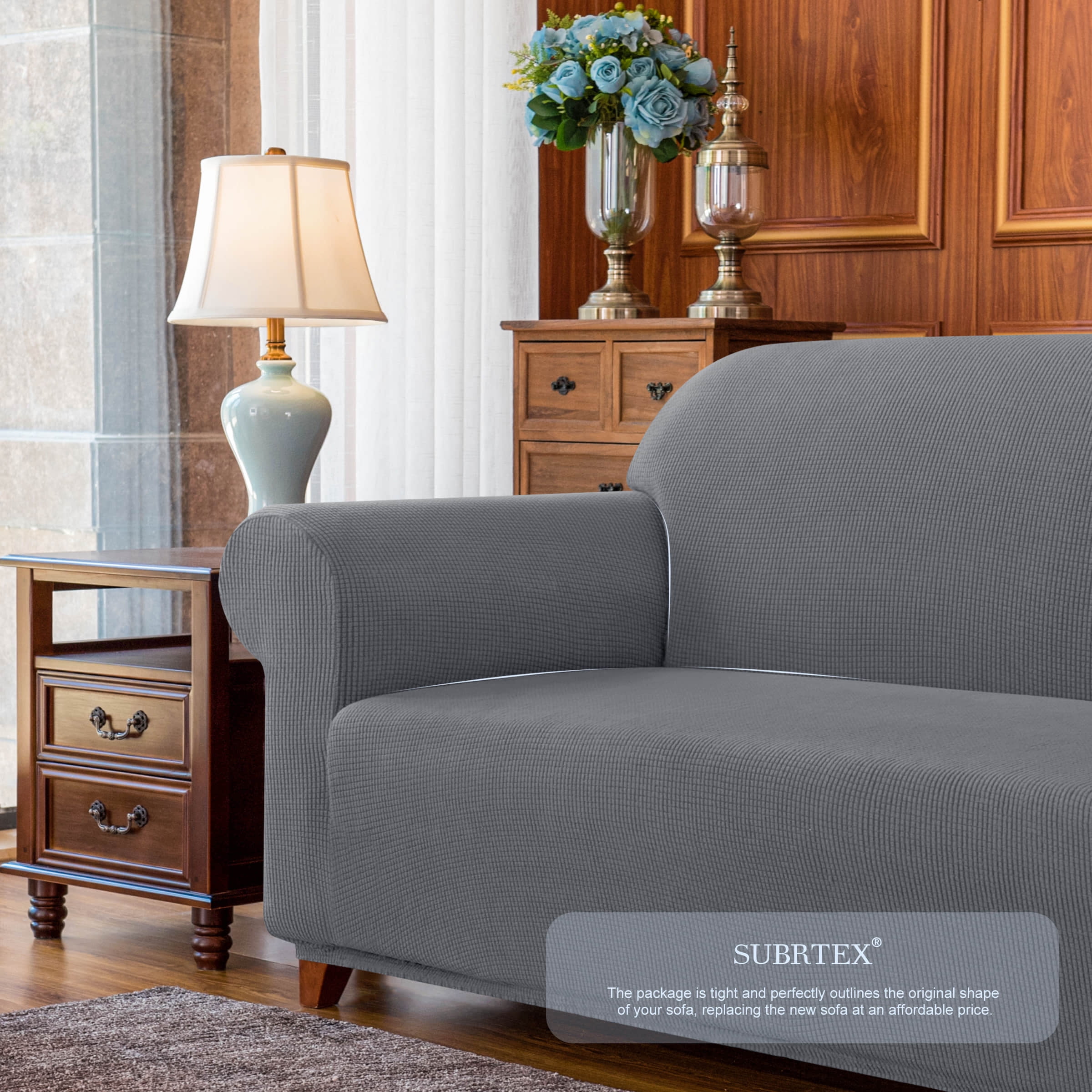 Subrtex Stretch 1-Piece Textured Grid Loveseat Slipcover, Light Gray