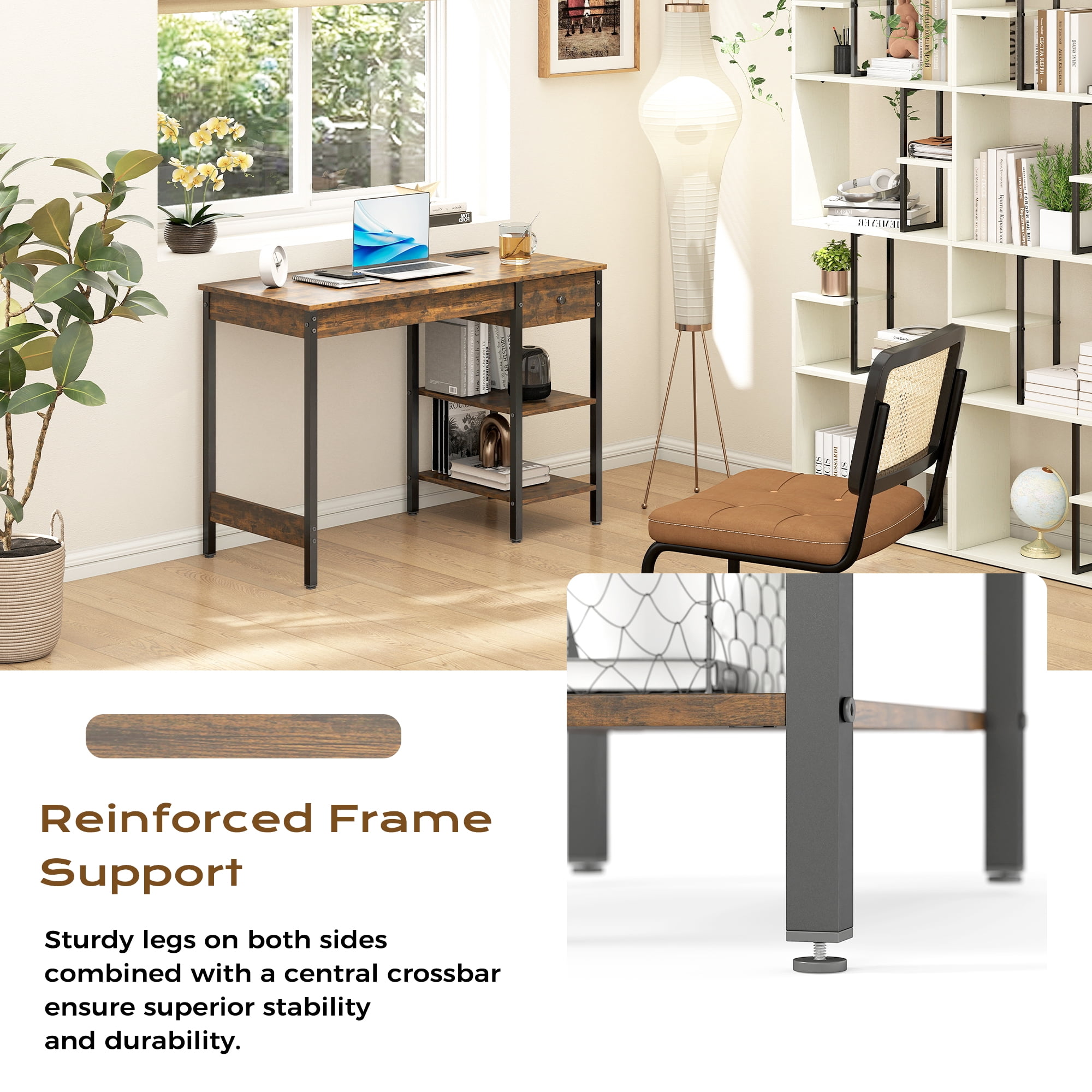 Manxile Computer Desk with Drawer & Open Shelves, Home Office Writing Desk Work Study Table for Small Space, Rustic Brown