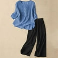 thumbnail image 2 of Likimi Two Piece Sets For Women Casual Summer Solid Color Embroidered 3/4 Sleeve Crew Neck Top With Pants Outfit Set Blue Size M, 2 of 4