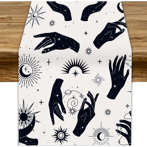shiyou-Gothic Witchy Table Runner, Boho Sun Moon Ouija Board Star Spooky Hand Palmistry Magic Tarot Print Table Cover for Dining Room Kitchen Table Decor, 13x70inch