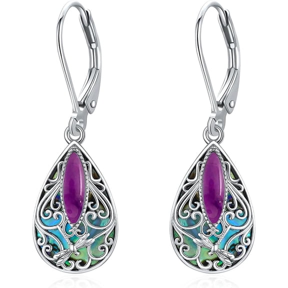 JUSORA Dragonfly Filigree Earrings Sterling Silver Teardrop Abalone Shell Drop Dangle Earrings Filigree Leverback Earrings Jewelry