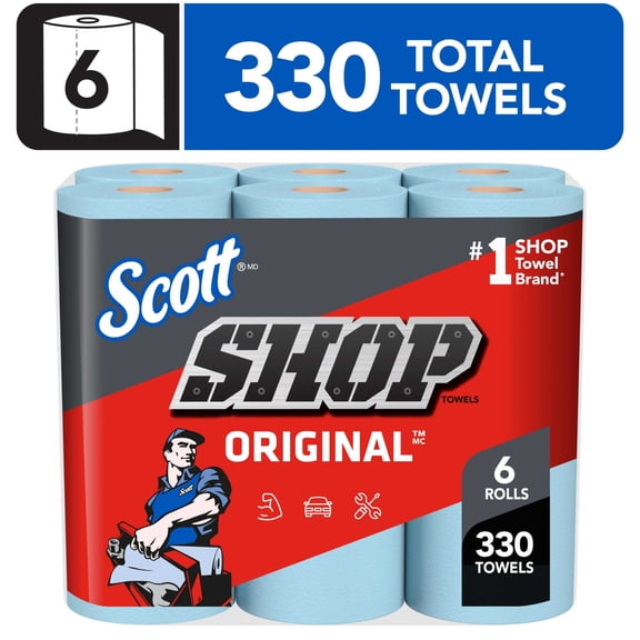 Scott® Shop Towels Original™ (75180), Original Blue Shop Paper Towels, 9.4"x11" sheets, 6 Rolls (55 Towels/Roll, 6 Rolls/Case, 330 Towels/Case)